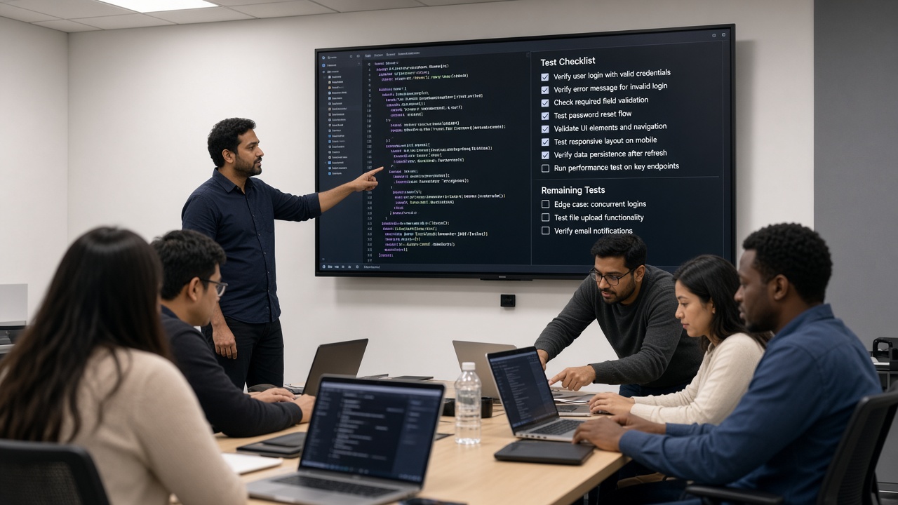 Instructor teaching from a wall screen while a teaching assistant helps a student one-to-one